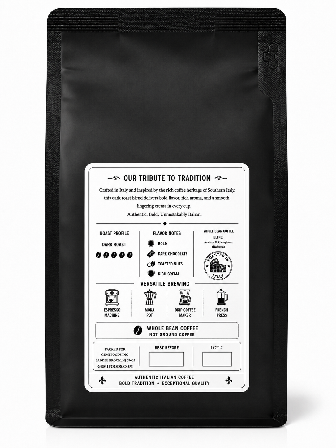Naples Heritage Dark Roast Whole Bean Coffee – Back Label Information and Brewing Guide